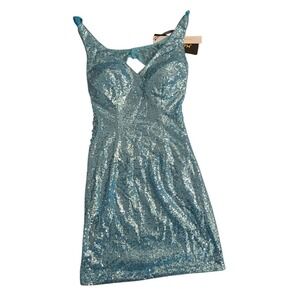 RYANTH Blue Sequin V Neck‎ Mini Dress Sparkly Party Cocktail NEW